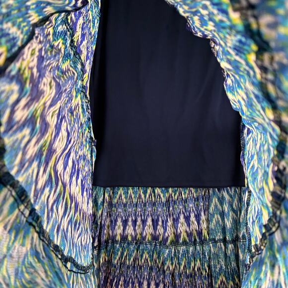 Vintage AGB Chiffon Maxi Skirt Women's Large Lined Blue Teal Chevron Tiered - Picture 3 of 10